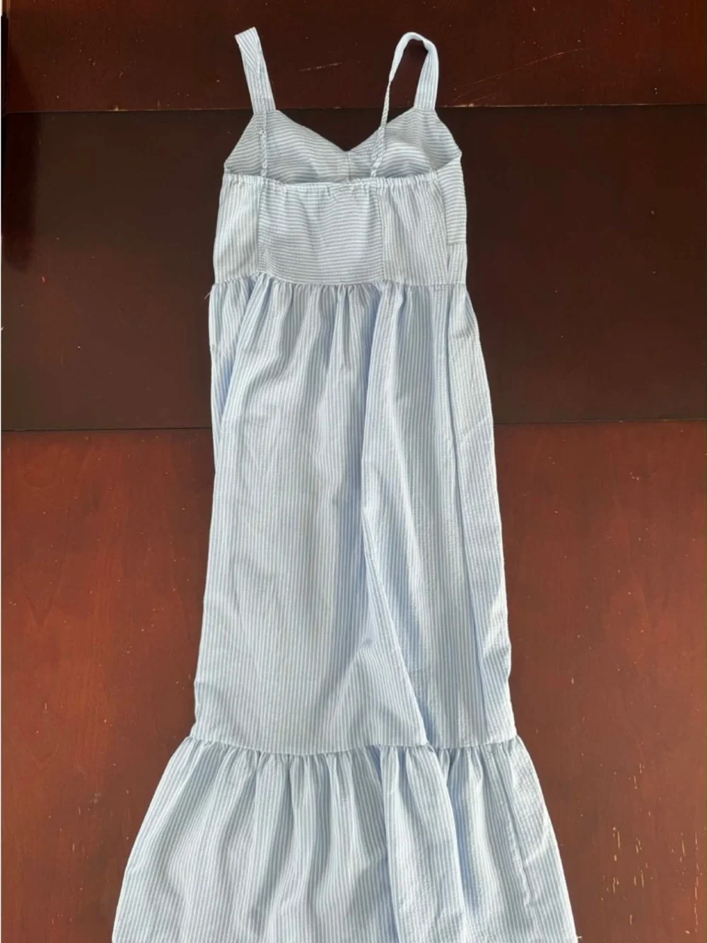 AVAILABLE Blue White Striped Seersucker Tiered Maxi Dress Nautical Coastal Boho - Picture 3 of 4